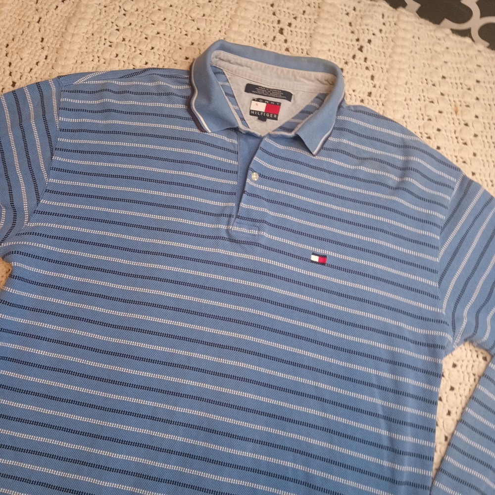 Vtg Tommy Hilfiger Mens XL Long Sleeve Shirt Stripe Collared Blue Polo Rugby Y2K